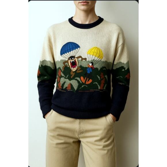St Michael Sweaters - VTG 90s St Michael Looney Tunes Novelty Sweater Taz & Daffy Parachute  Sz S Rare